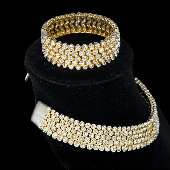 Gold Tone Rhinestone Collar Choker Cuff Necklace and Matching Cuff Bracelet - Picture 5 of 6